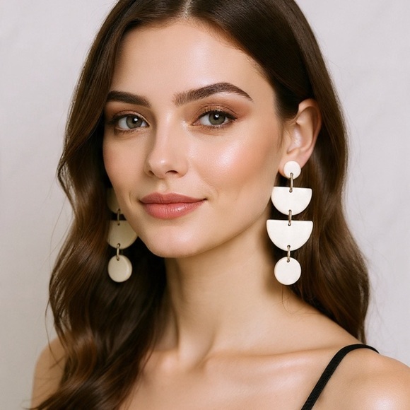 White Geometric Drop Four-Tier Stud - Handmade Boho Earrings - Picture 4 of 5